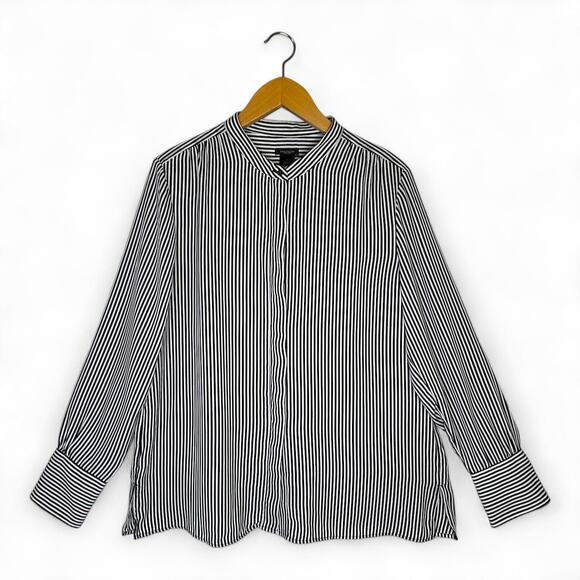 Ann Taylor Striped Button Down Collarless Shirt Size L Black White Stripes - Picture 1 of 9